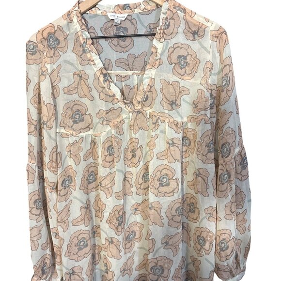 Lucky Brand Womens Floral Print Blouse 1X Lightweight Long Sleeve Ruffle V-Neck - Picture 2 of 6